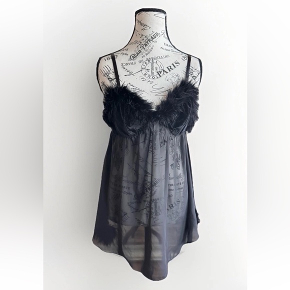 Vintage Y2K Black Whimsigoth Whimsey Goth Faux Fur Lingerie Slip Top Large - Picture 3 of 8